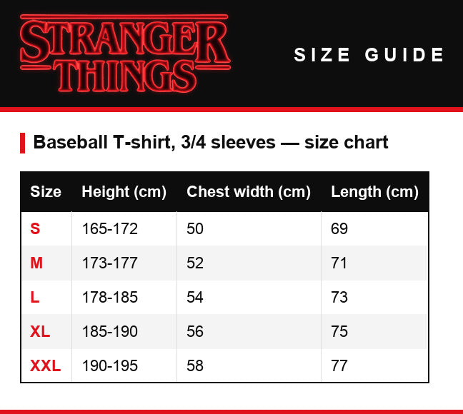 Guía de tallas – Camiseta de hombre béisbol manga 3/4 Stranger Things Welcome to Hawkins Indiana escudo