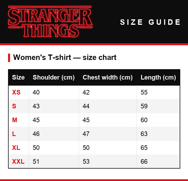 Guía de tallas – Camiseta de mujer Stranger Things Upside Down espejo