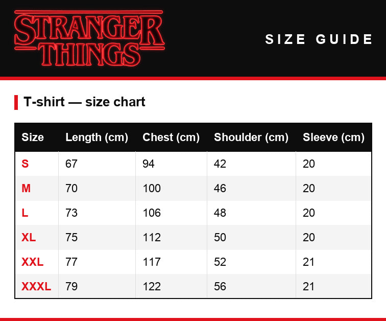 Guía de tallas – Camiseta de mujer Stranger Things Hawkins Strange School 1983