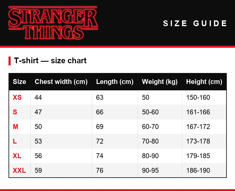 Guía de tallas – Camiseta de hombre Stranger Things The Piggyback