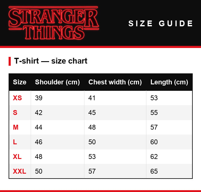 Guía de tallas – Camiseta de mujer Stranger Things Upside Down Nature Reserve