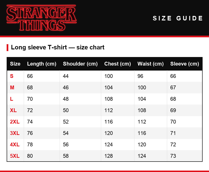 Guía de tallas – Camiseta de hombre manga larga Stranger Things Hellfire Club