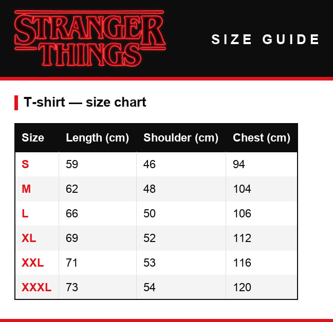 Guía de tallas – Sudadera con capucha Stranger Things Hawkins Strange School 1983
