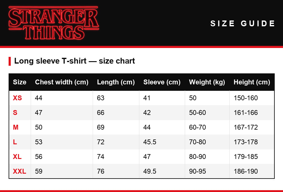 Guía de tallas – Camiseta de hombre Stranger Things pared alfabeto guirnalda