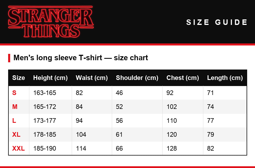 Guía de tallas – Camiseta de hombre manga larga Stranger Things Stranger Kittens