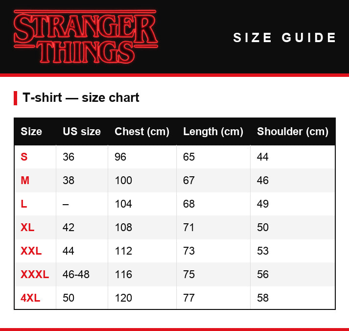 Guía de tallas – Camiseta de hombre Stranger Things Scoops Ahoy