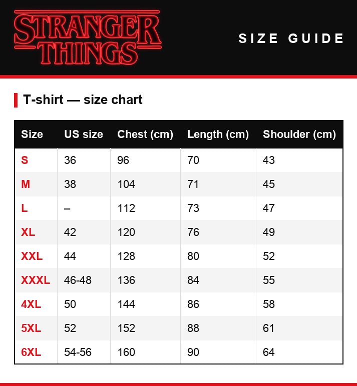 Guía de tallas – Camiseta de hombre Stranger Things Corroded Coffin Upside Down Tour