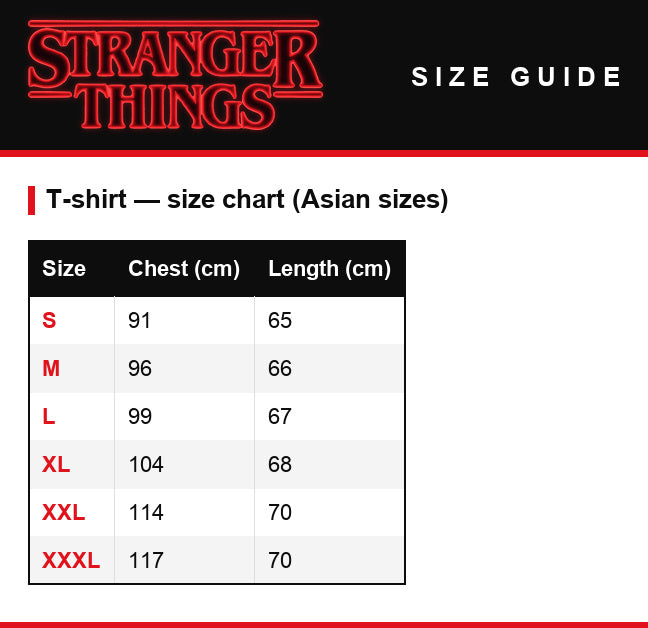 Guía de tallas – Camiseta de hombre Stranger Things WSQK The Squawk 94.5 FM