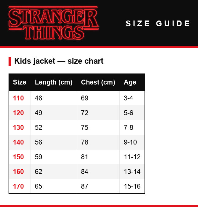 Guía de tallas – Chaqueta infantil Stranger Things Max Mayfield